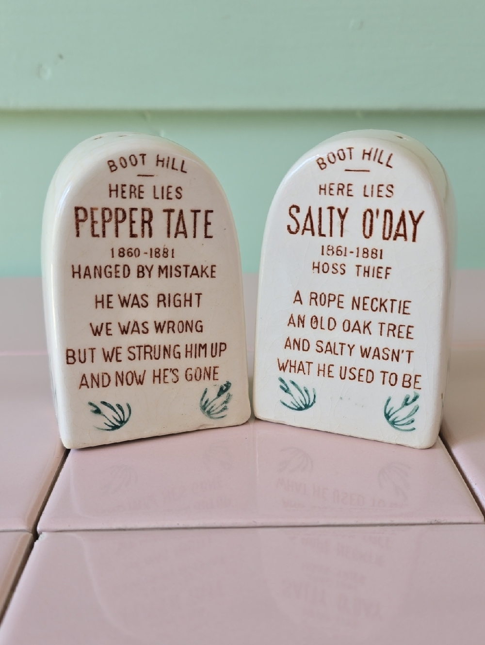 Vintage Tombstone Salt & Pepper Shakers - White with Brown Text